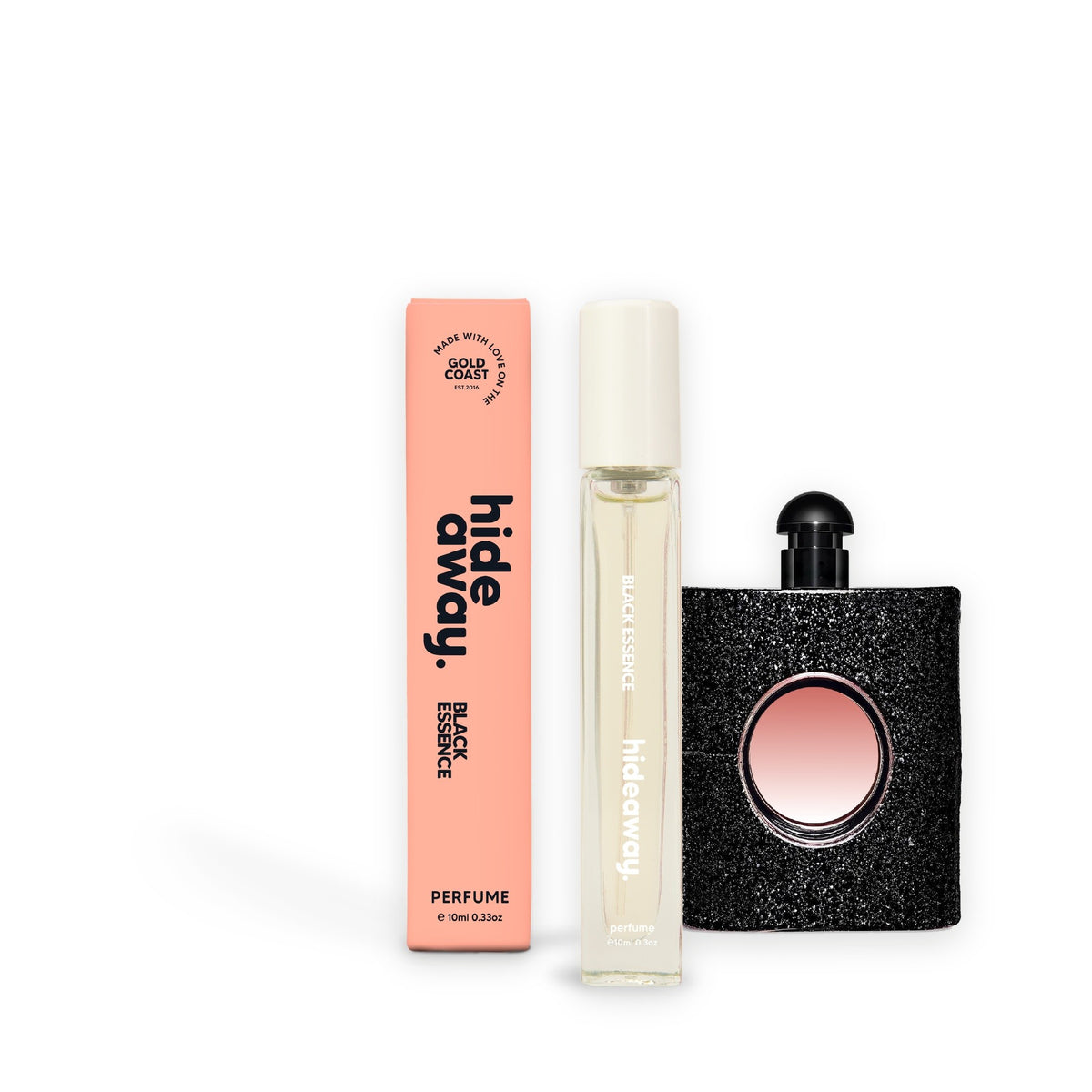 Hideaway. Black Essence perfume 10ml beside the YSL Black Opium bottle it is inspired by