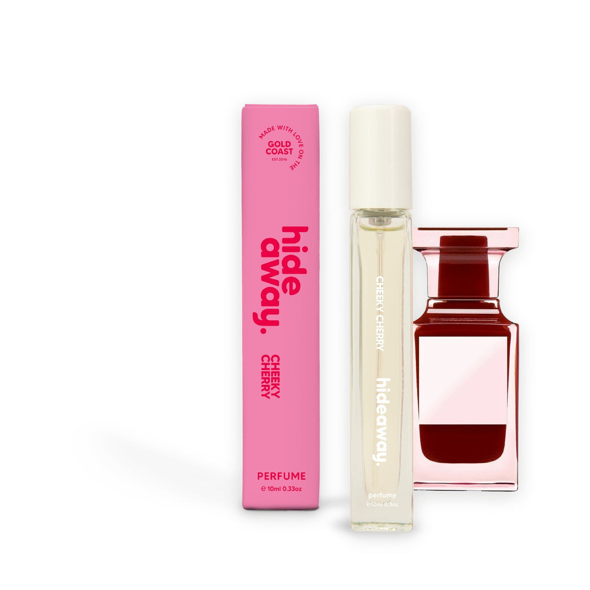 Hideaway. Cheeky Cherry perfume 10ml beside the Tom Ford Lost Cherry bottle it is inspired by