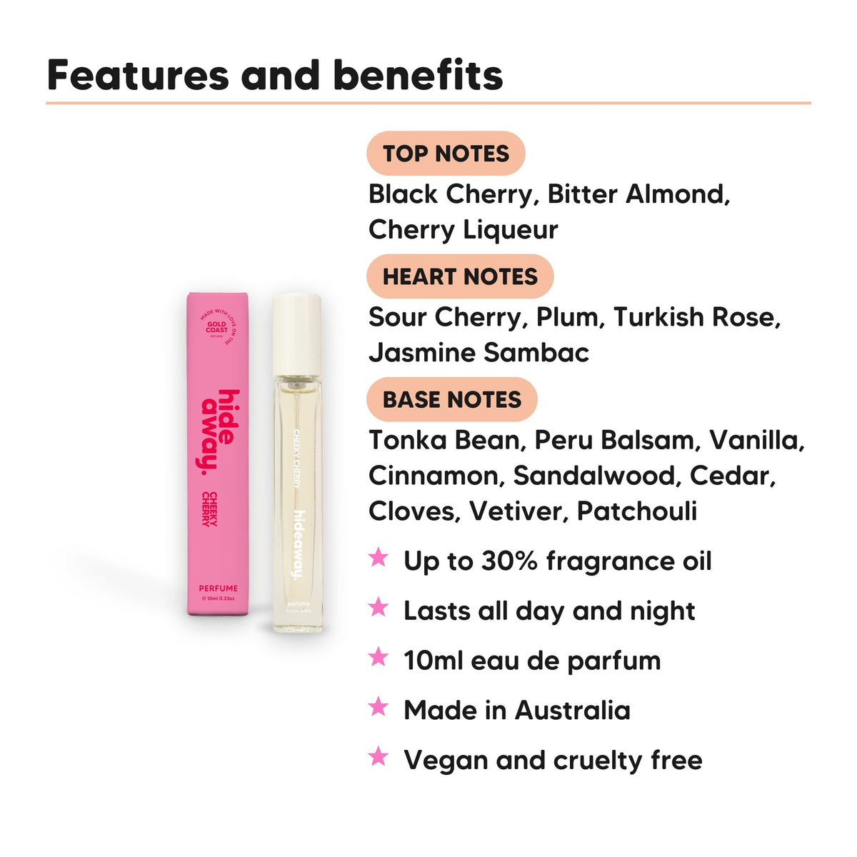 Cheeky Cherry perfume 10ml scent notes, top notes Black Cherry, Bitter Almond, Cherry Liqueur, heart notes Sour Cherry, Plum, Turkish Rose, Jasmine Sambac, base notes Tonka Bean, Peru Balsam, Vanilla, Cinnamon, Sandalwood, Cedar, Cloves, Vetiver, Patchouli