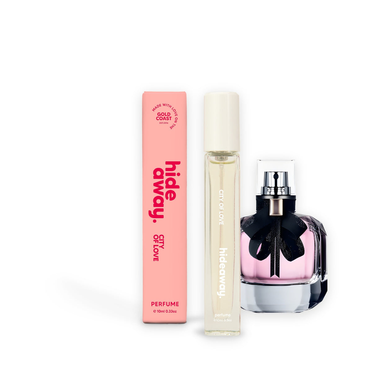 Hideaway. City of Love perfume 10ml beside the YSL Mon Paris bottle it is inspired by