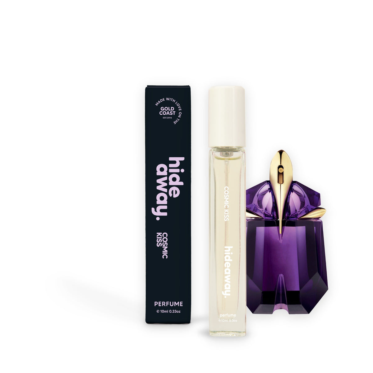 Hideaway. Cosmic Kiss perfume 10ml beside the Thierry Mugler Alien bottle it is inspired by