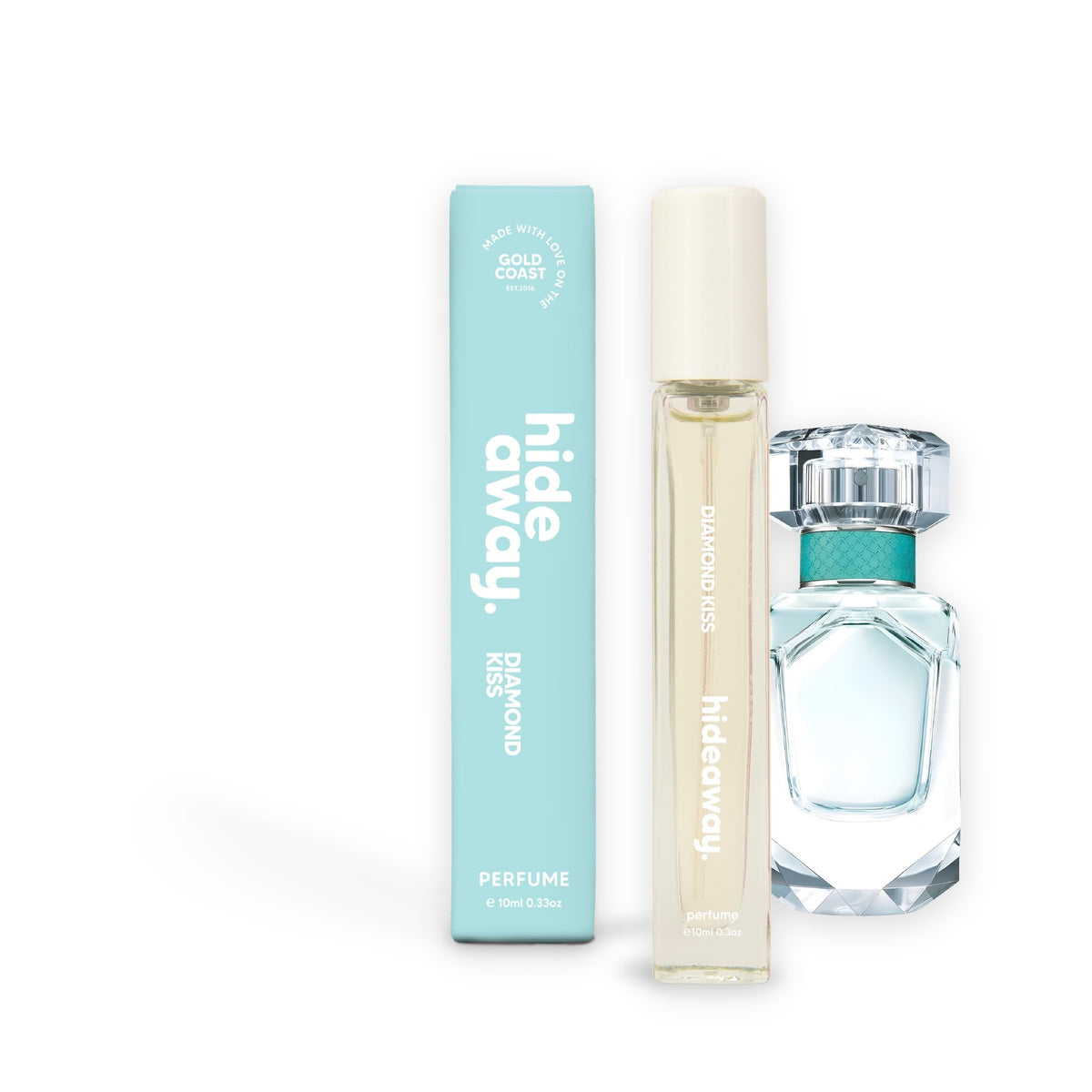 Hideaway. Diamond Kiss perfume 10ml beside the Tiffany & Co Signature bottle it is inspired by