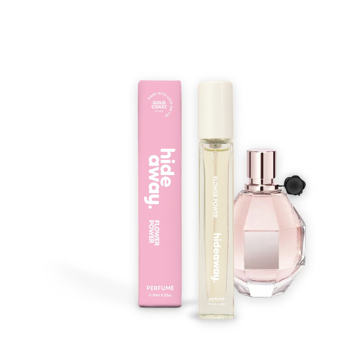 Hideaway. Flower Power perfume 10ml beside the Viktor & Rolf Flowerbomb bottle it is inspired by
