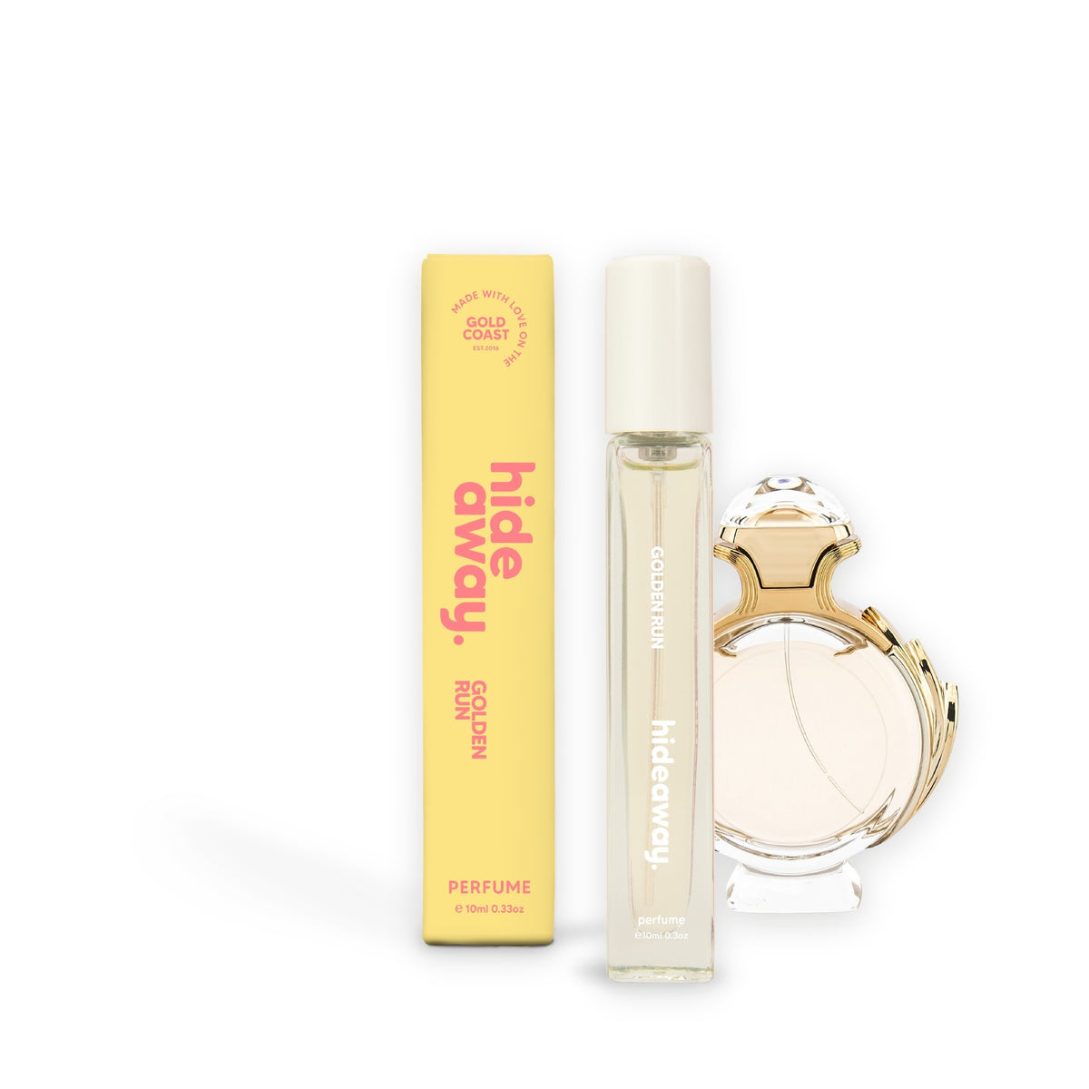 Hideaway. Golden Run perfume 10ml beside the Paco Rabanne Olympea bottle it is inspired by