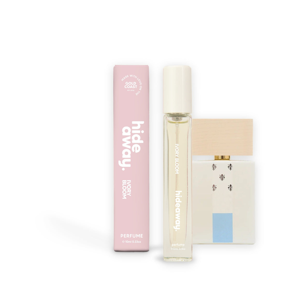 Hideaway. Ivory Bloom perfume 10ml beside the Giardini di Toscana Bianco Latte bottle it is inspired by