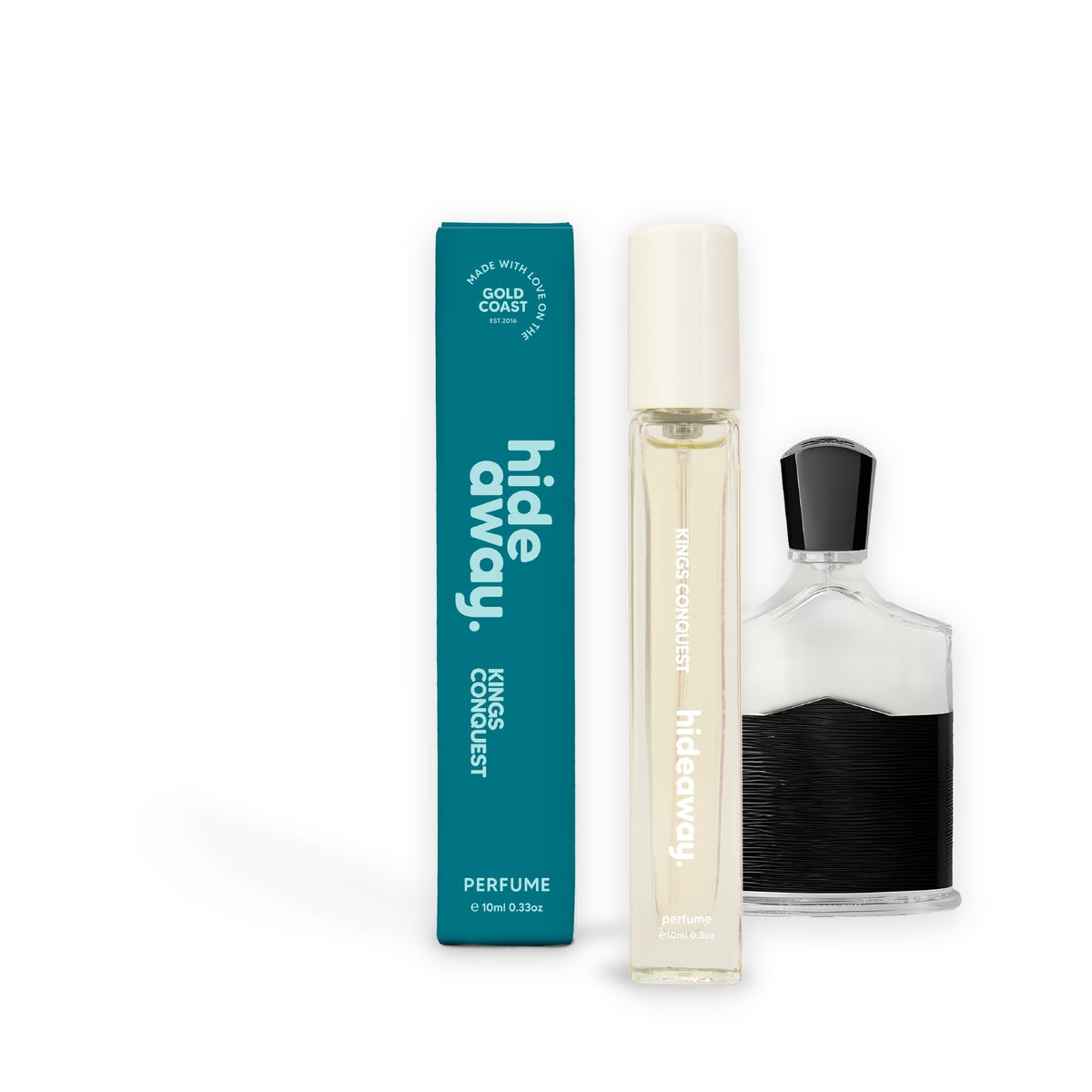 Hideaway. Kings Conquest perfume 10ml beside the Creed Aventus bottle it is inspired by