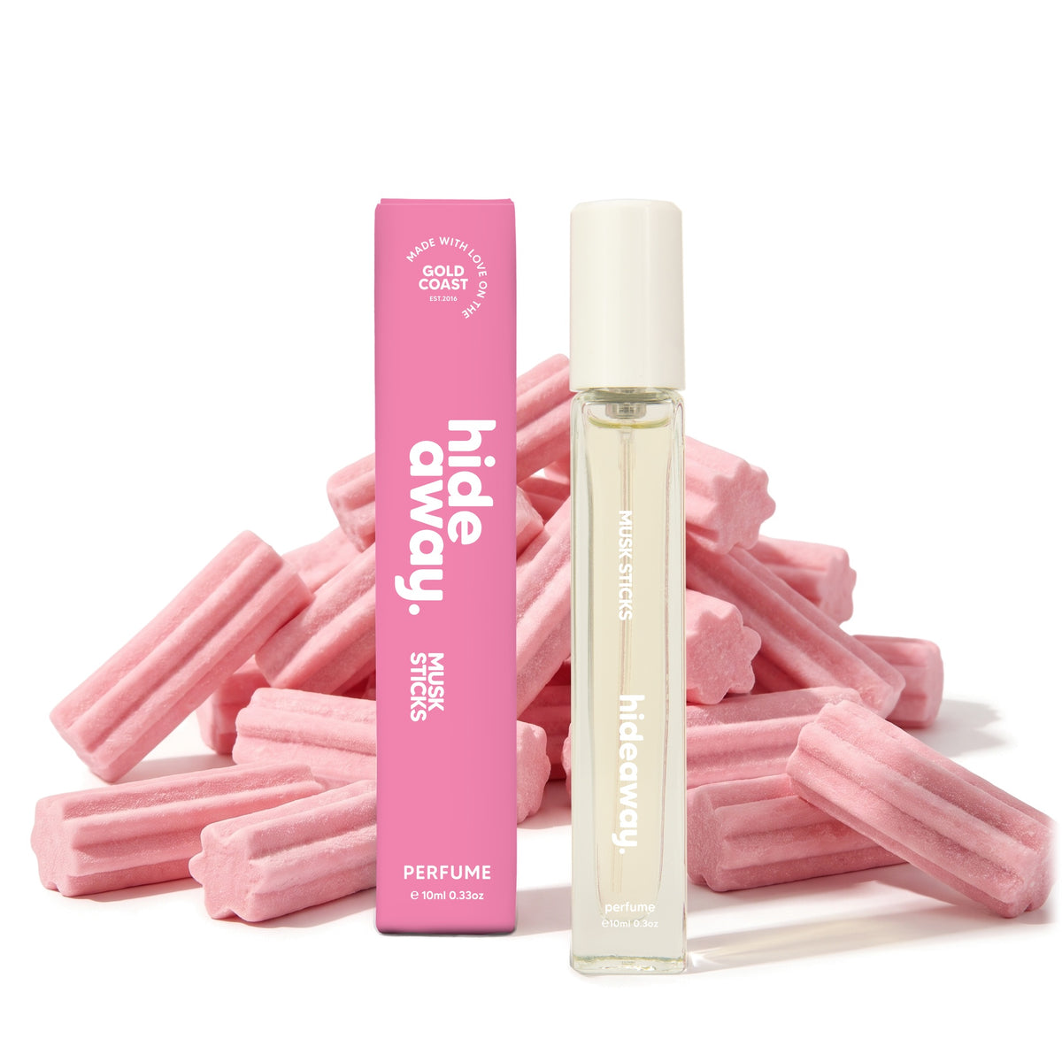 Hideaway. Musk Sticks perfume 10ml with pink musk sticks