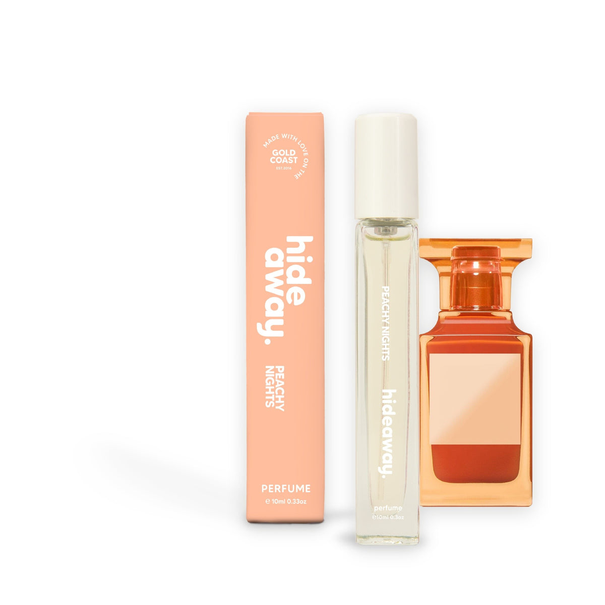 Hideaway. Peachy Nights perfume 10ml beside the Tom Ford Bitter Peach bottle it is inspired by
