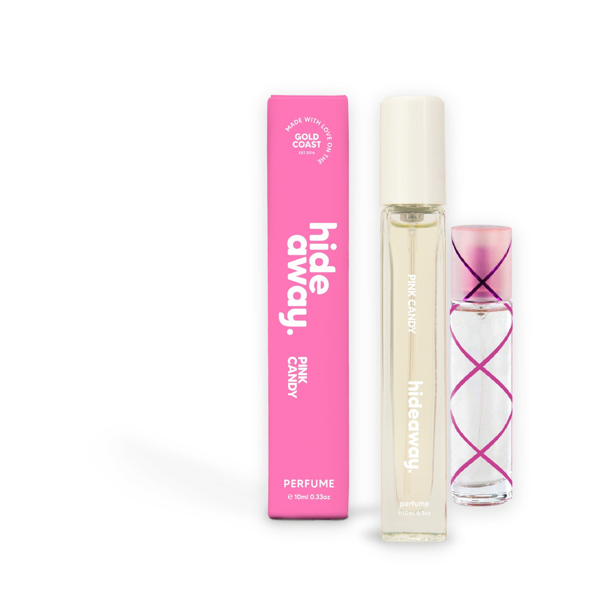 Hideaway. Pink Candy perfume 10ml beside the Aquolina Pink Sugar bottle it is inspired by