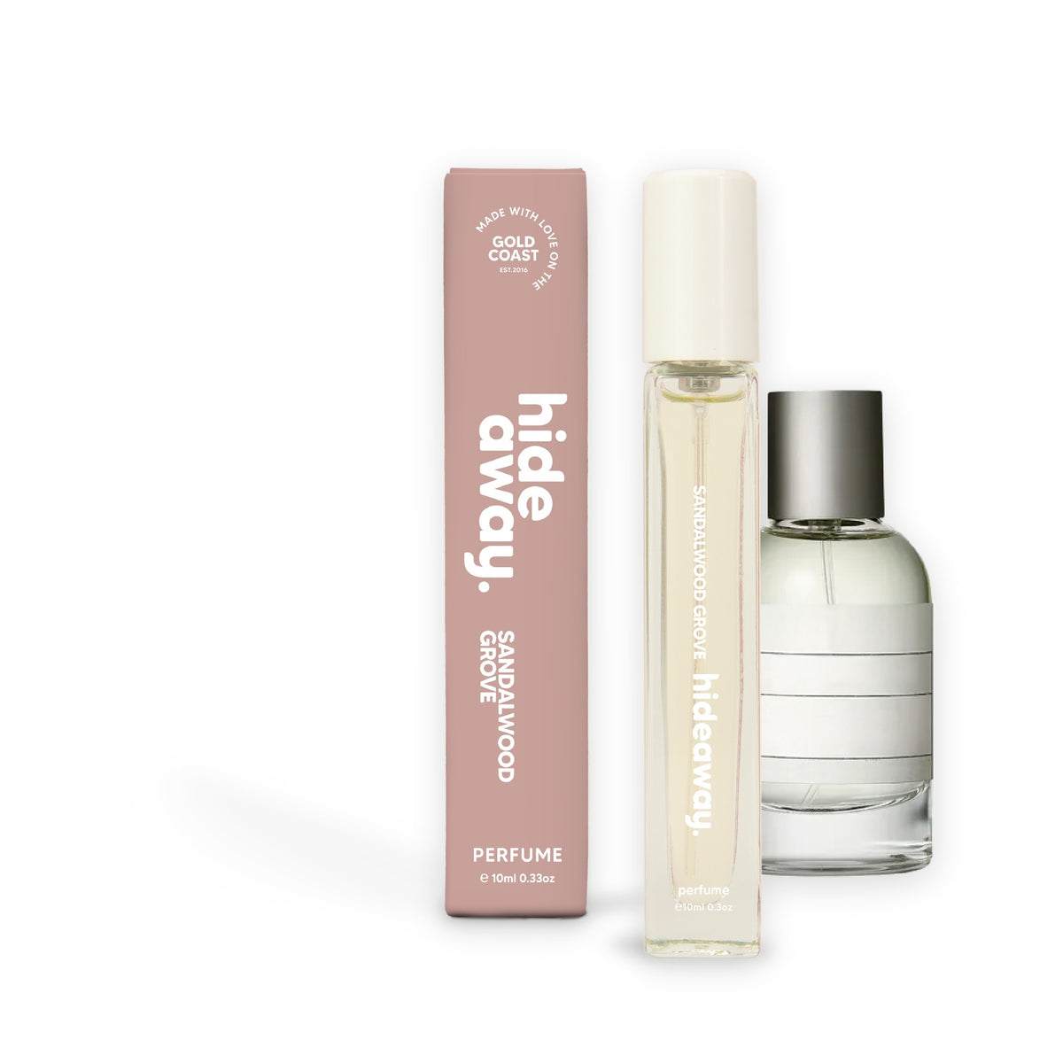 Hideaway. Sandalwood Grove perfume 10ml beside the Le Labo Santal 33 bottle it is inspired by