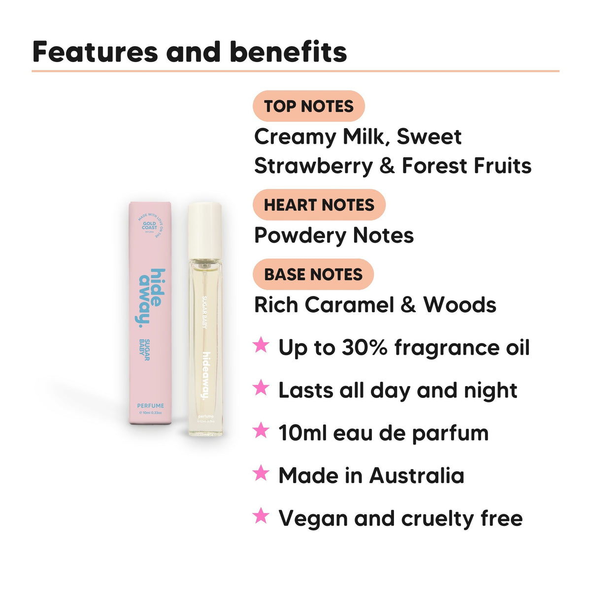 Sugar Baby perfume 10ml scent notes, top notes Creamy Milk, Sweet Strawberry & Forest Fruits, heart notes Powdery Notes, base notes Rich Caramel & Woods
