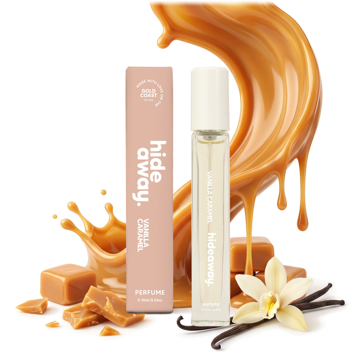Hideaway. Vanilla Caramel perfume 10ml with golden caramel and vanilla