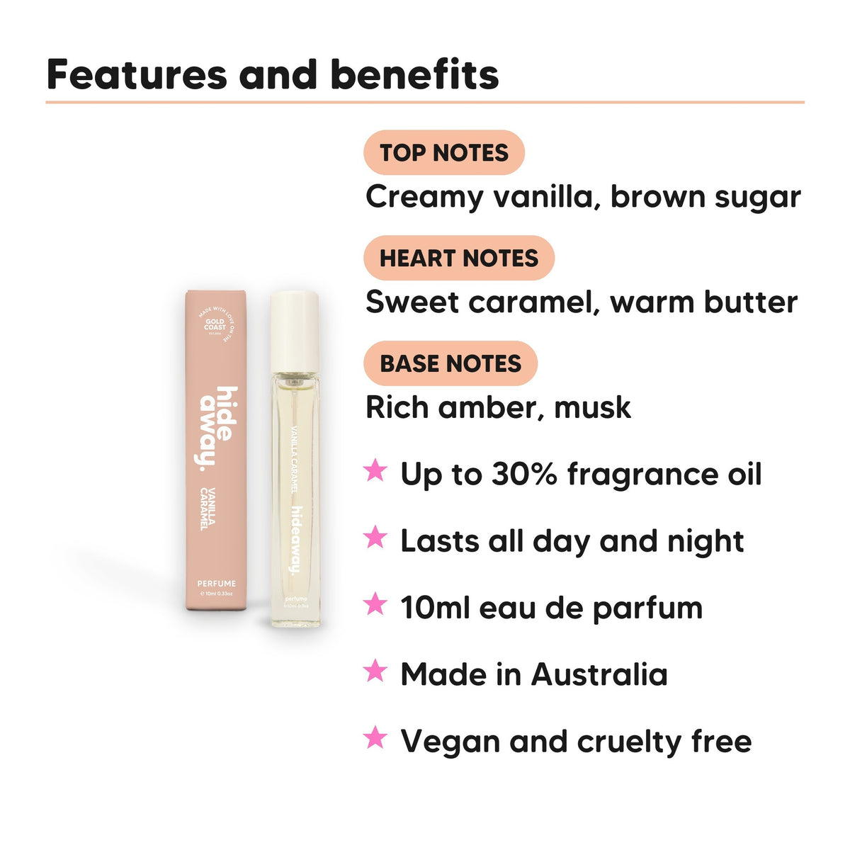 Vanilla Caramel perfume 10ml scent notes, top notes Creamy vanilla, brown sugar, heart notes Sweet caramel, warm butter, base notes Rich amber, musk