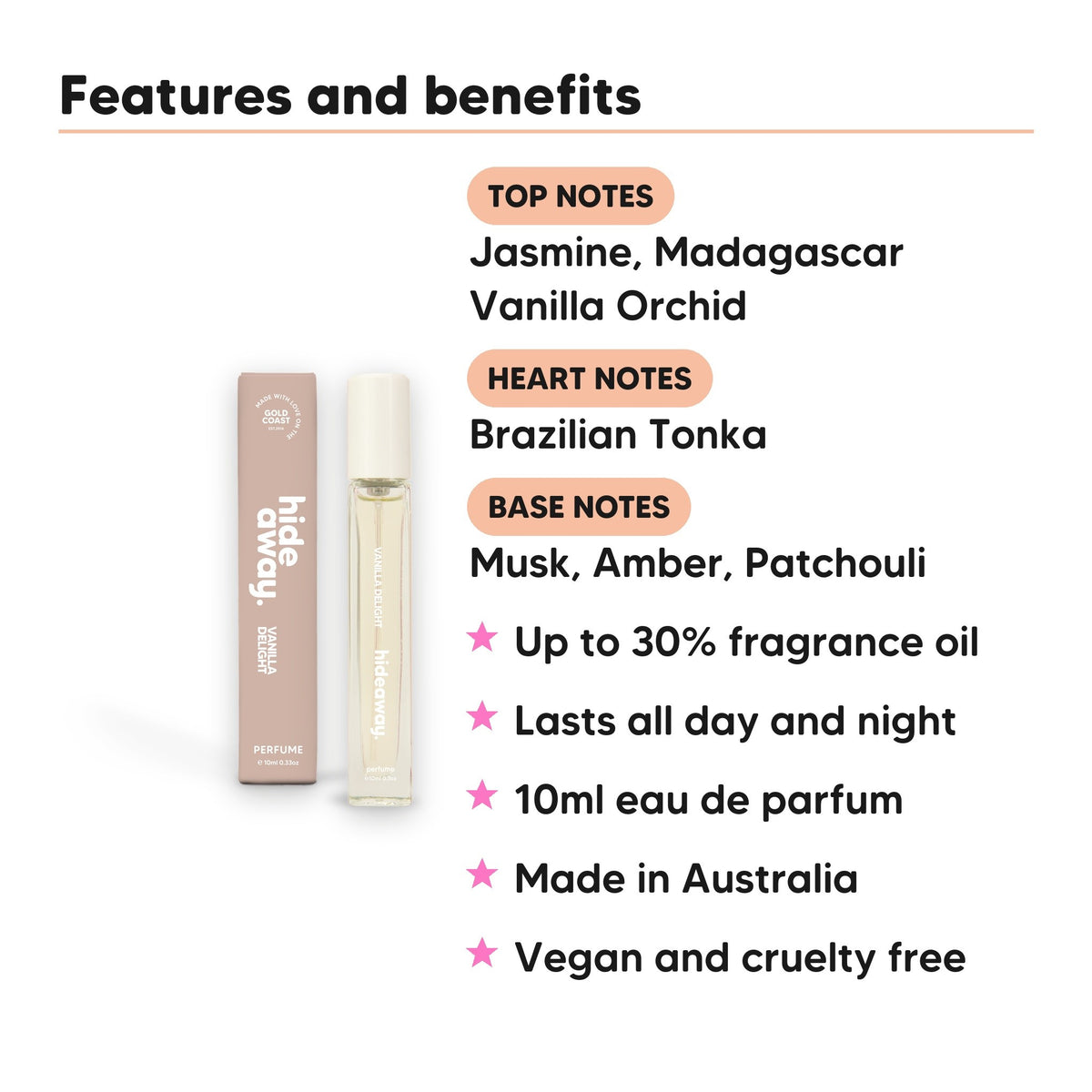 Vanilla Delight perfume 10ml scent notes, top notes Jasmine, Madagascar Vanilla Orchid, heart notes Brazilian Tonka, base notes Musk, Amber, Patchouli
