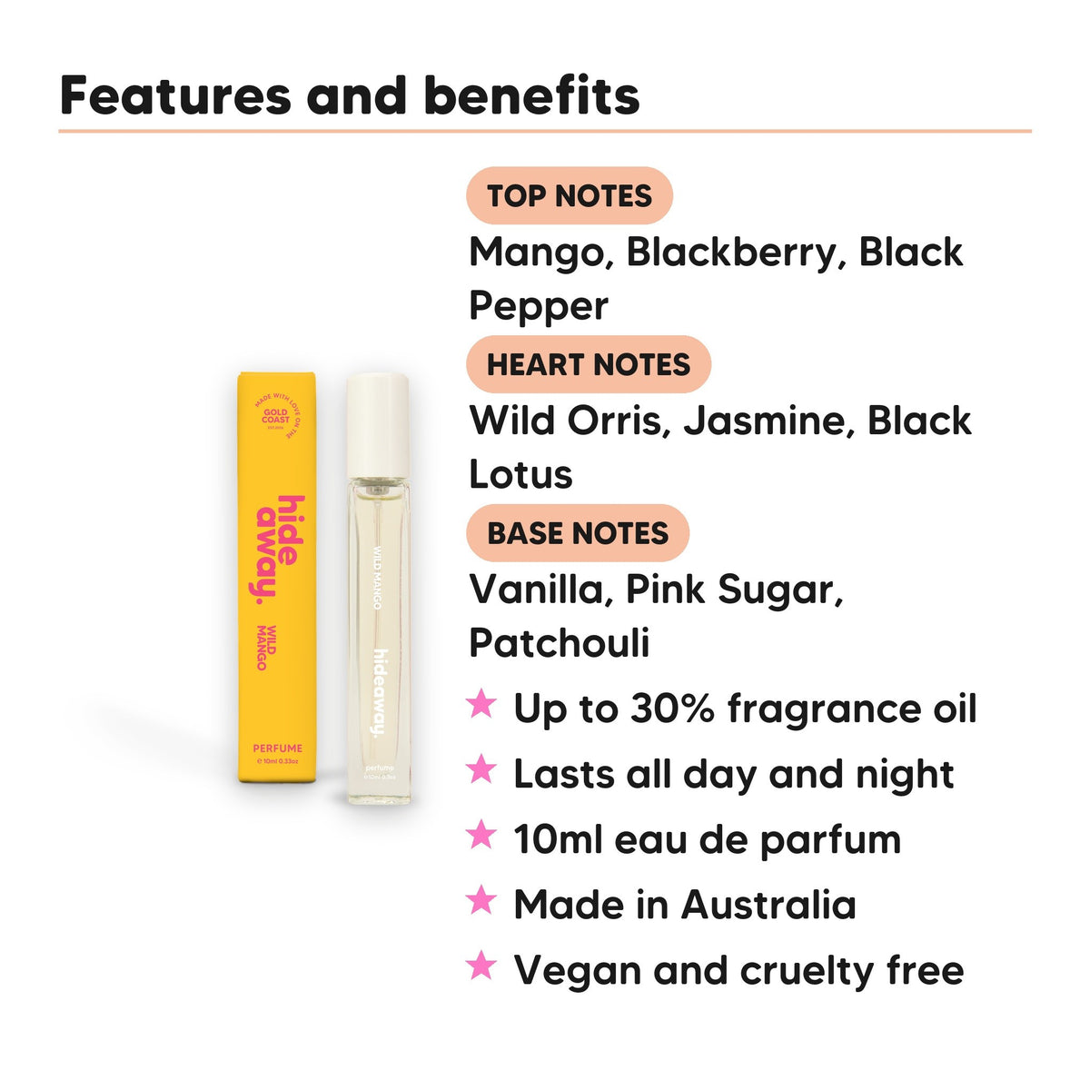 Wild Mango perfume 10ml scent notes, top notes Mango, Blackberry, Black Pepper, heart notes Wild Orris, Jasmine, Black Lotus, base notes Vanilla, Pink Sugar, Patchouli