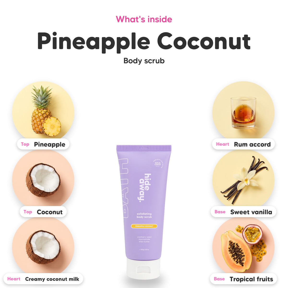 Notes inside Pineapple Coconut body scrub: Pineapple, coconut, creamy coconut milk, rum accord, sweet vanilla, tropical fruits