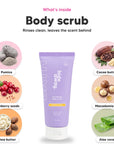 Pineapple Coconut exfoliating body scrub, key ingredients: pumice, cranberry seeds, shea butter, cocoa butter, macadamia oil and aloe vera