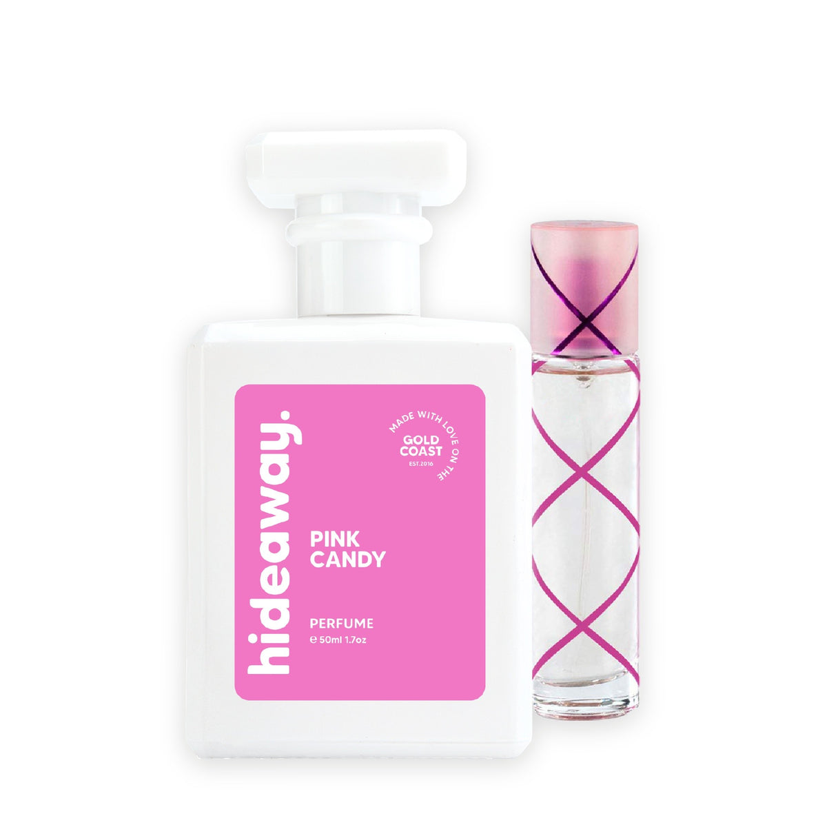 Hideaway. Pink Candy perfume 50ml beside the Aquolina Pink Sugar bottle it is inspired by