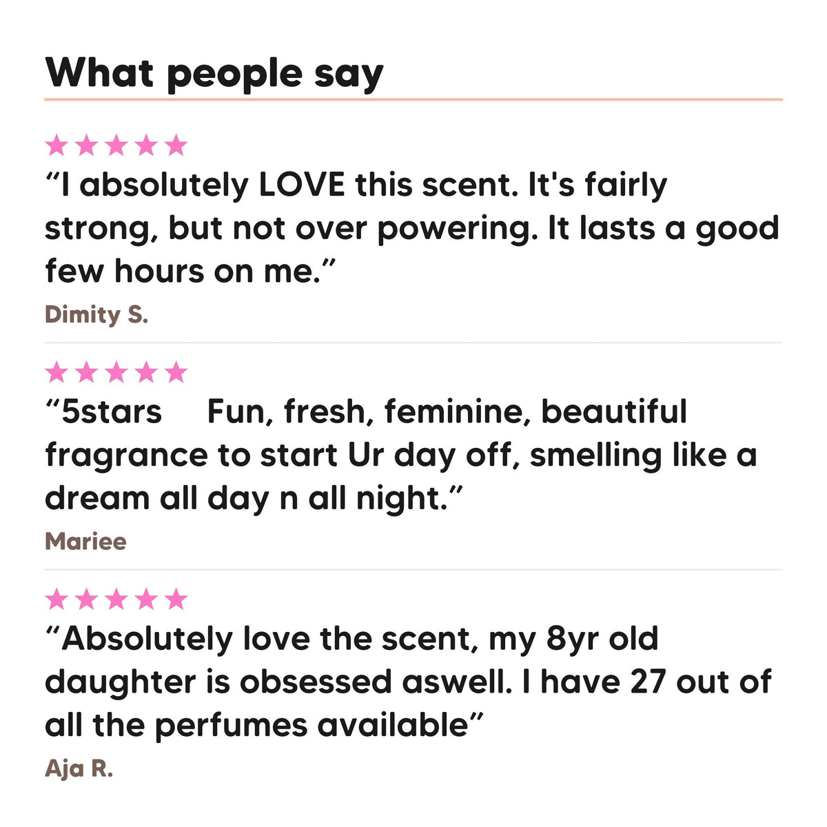 Three five star customer reviews of Hideaway. Pink Sunset perfume