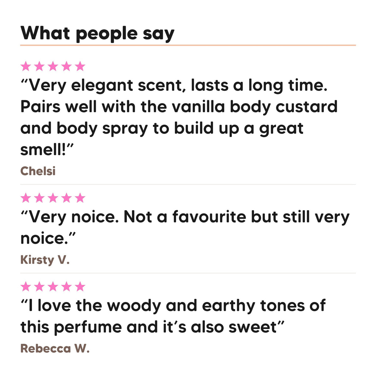 Three five star customer reviews of Hideaway. Sandalwood Grove perfume