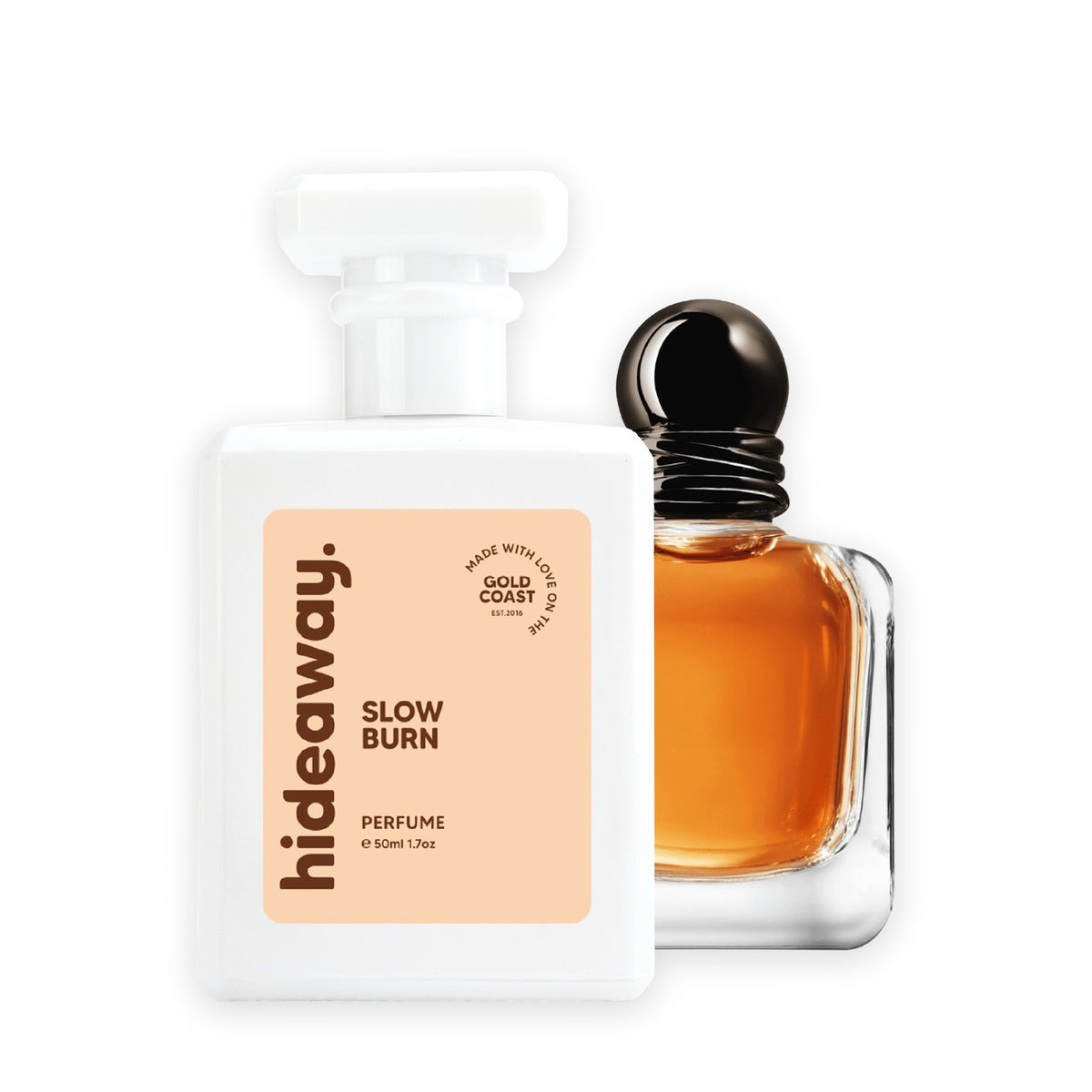 Hideaway. Slow Burn perfume 50ml beside the Armani Stronger With You bottle it is inspired by