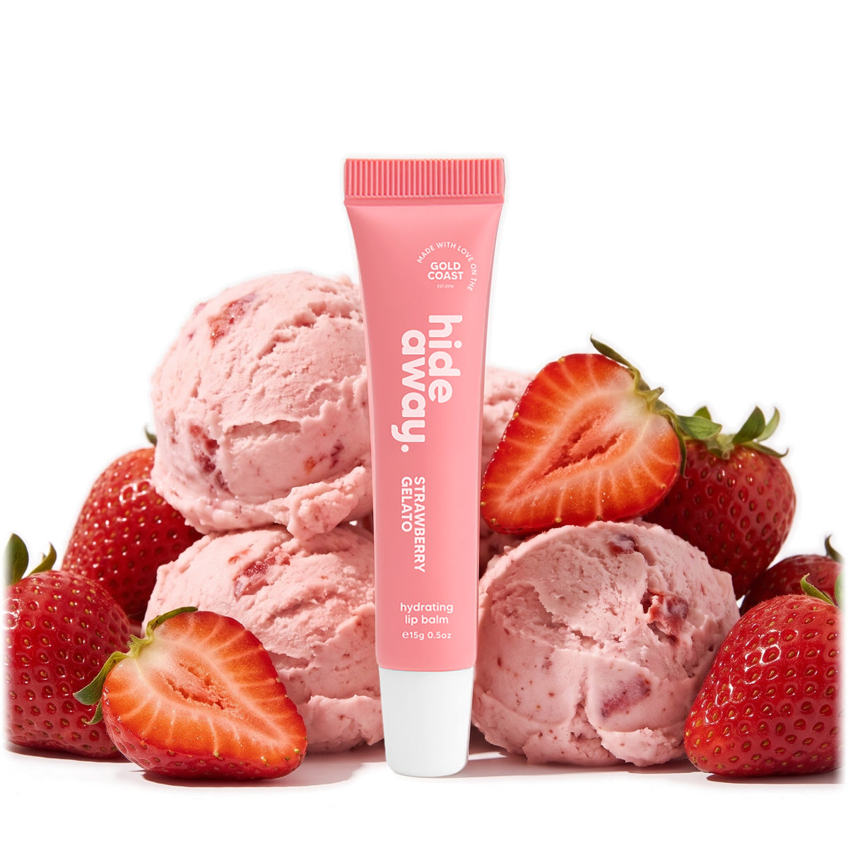 Hideaway. Strawberry Gelato lip balm with strawberry gelato and strawberries