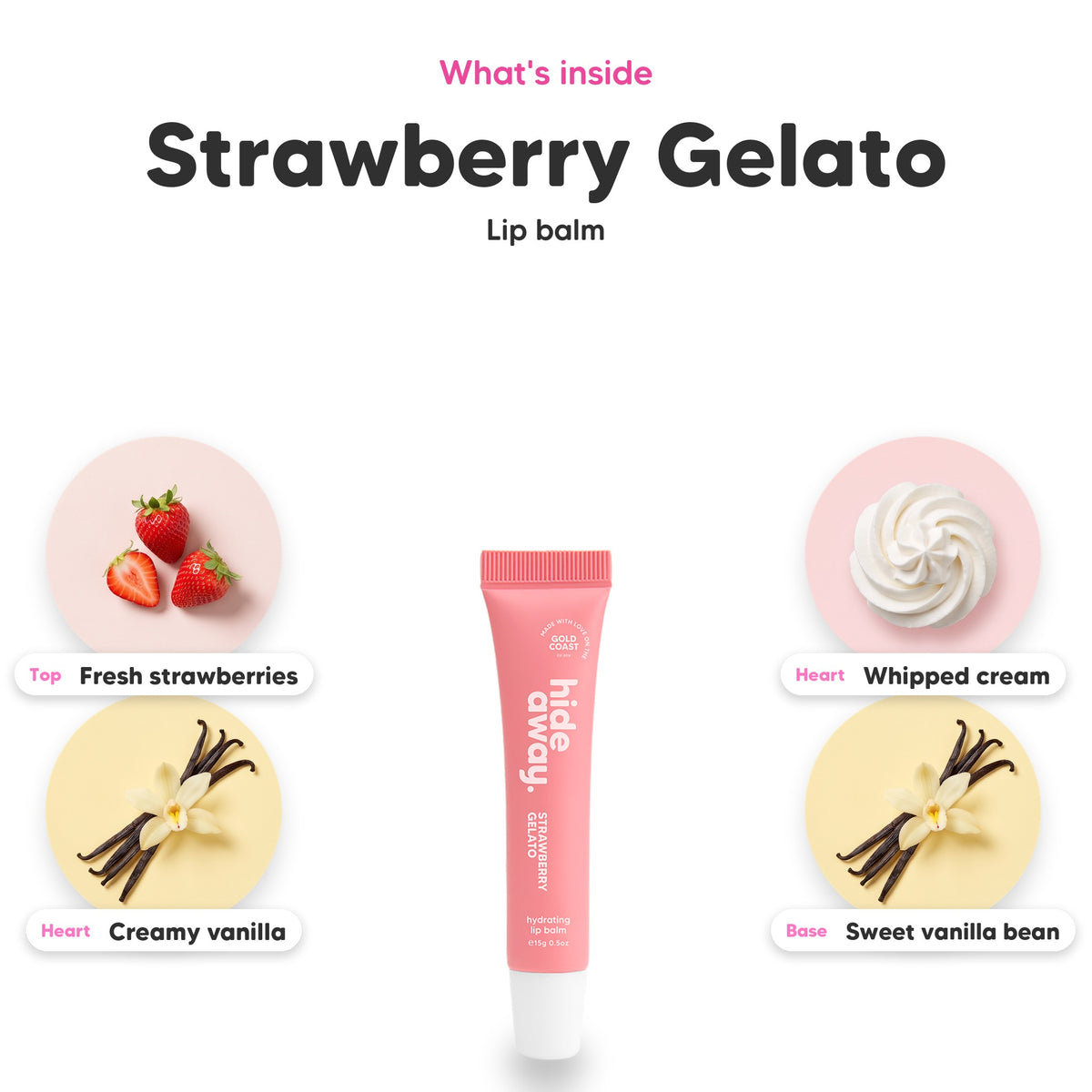 Notes inside Strawberry Gelato lip balm: Fresh strawberries, creamy vanilla, whipped cream, sweet vanilla bean