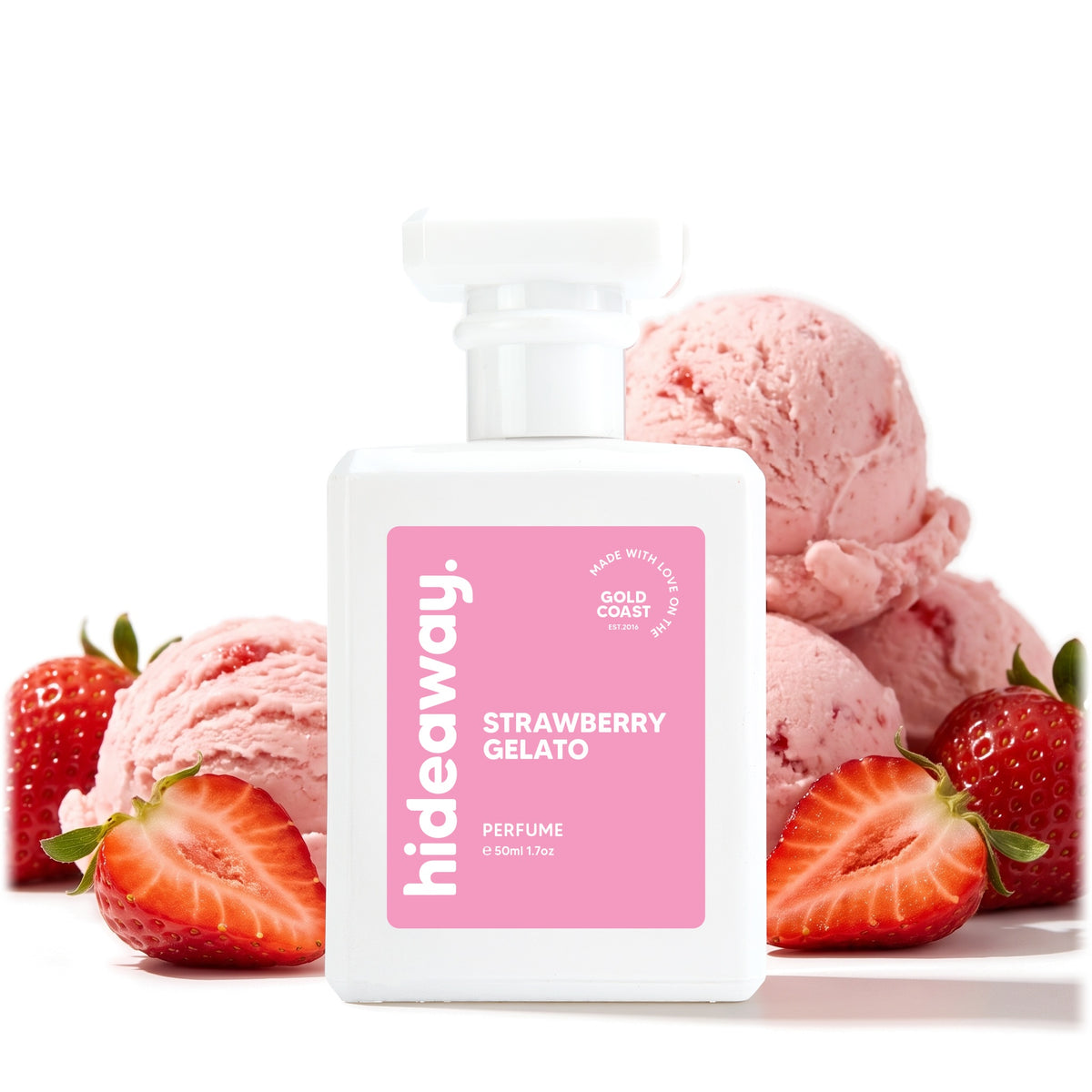 Hideaway. Strawberry Gelato perfume 50ml with strawberry gelato and strawberries