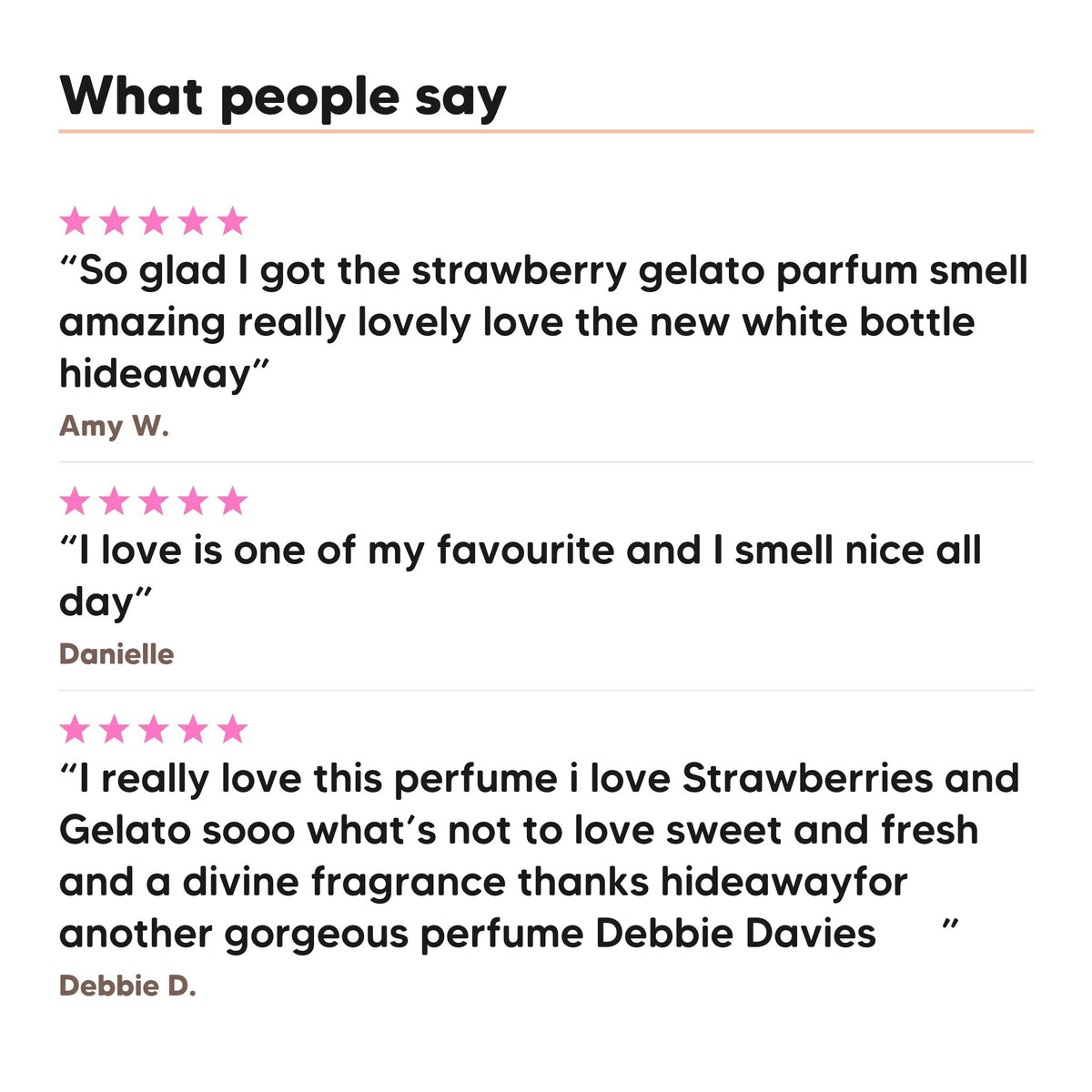 Three five star customer reviews of Hideaway. Strawberry Gelato perfume