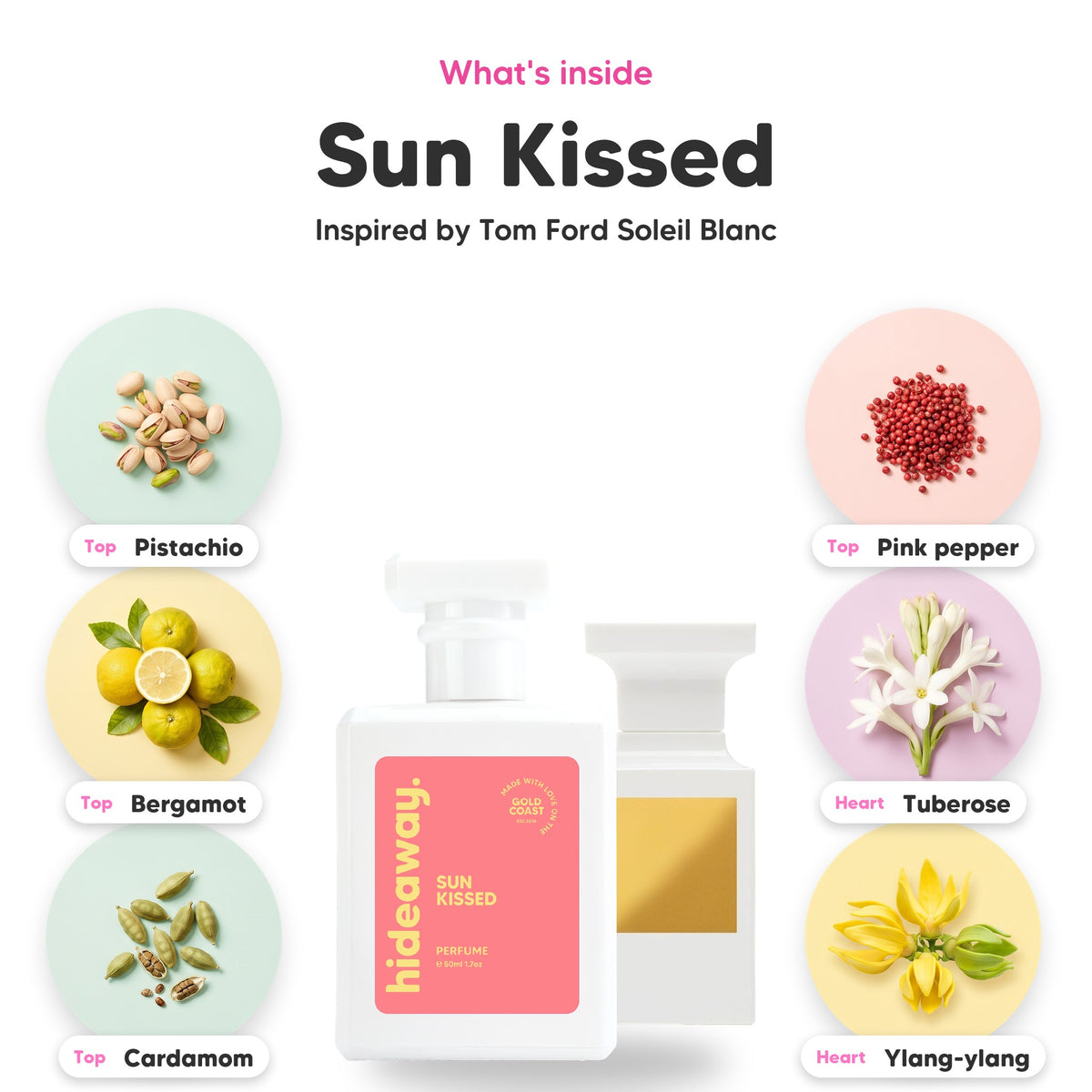 Notes inside Sun Kissed: Pistachio, bergamot, cardamom, pink pepper, tuberose, ylang-ylang