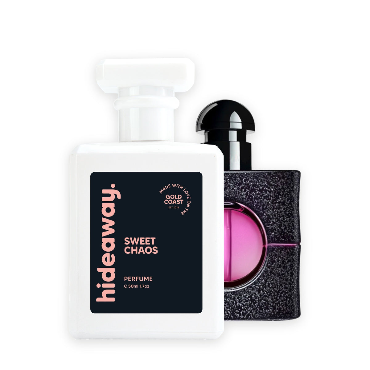Hideaway. Sweet Chaos perfume 50ml beside the YSL Black Opium Neon bottle it is inspired by