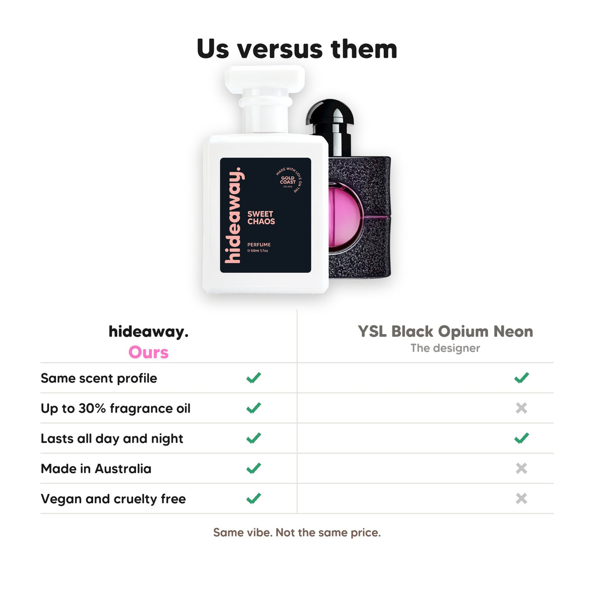 Hideaway. Sweet Chaos perfume compared to YSL Black Opium Neon: same scent profile, up to 30% fragrance oil, made in Australia, vegan and cruelty free