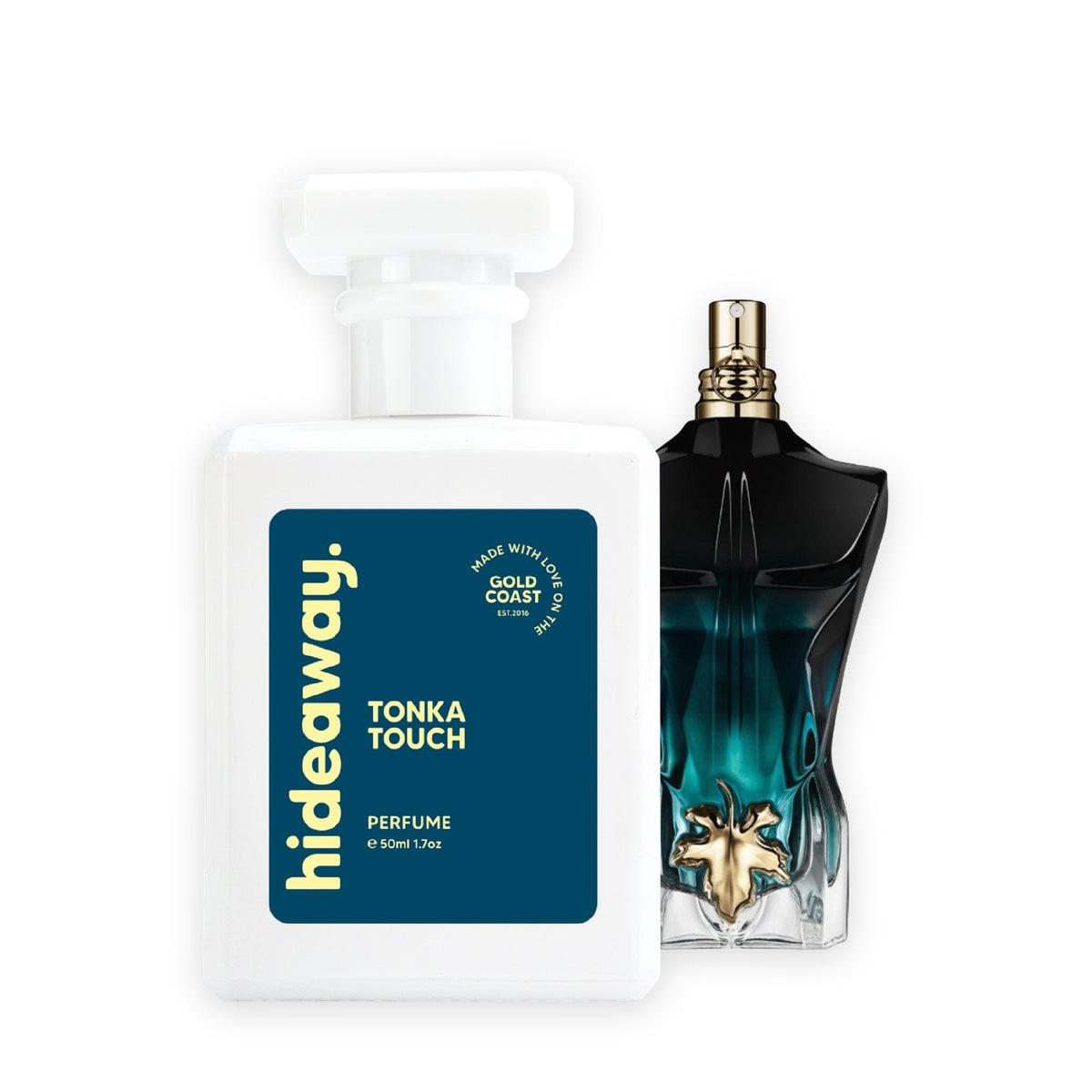 Hideaway. Tonka Touch perfume 50ml beside the Jean Paul Gaultier Le Beau bottle it is inspired by