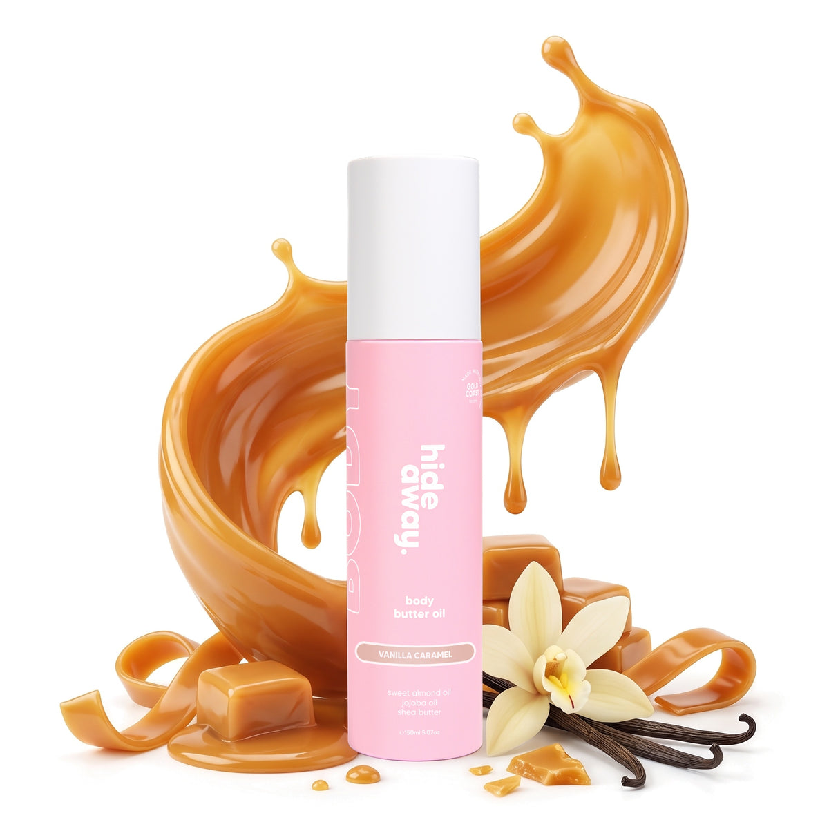Hideaway. Vanilla Caramel body butter oil with golden caramel and vanilla