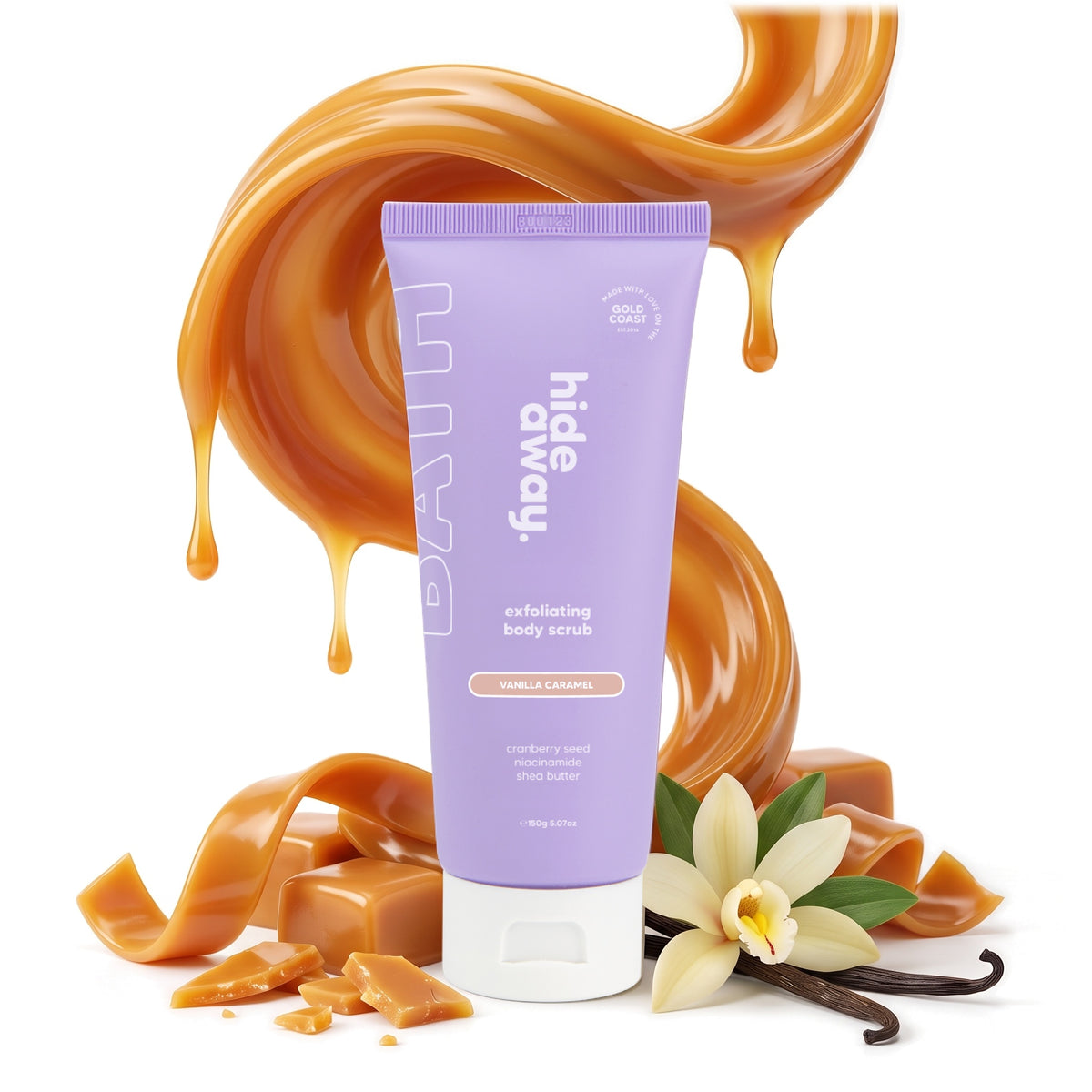 Hideaway. Vanilla Caramel body scrub with golden caramel and vanilla