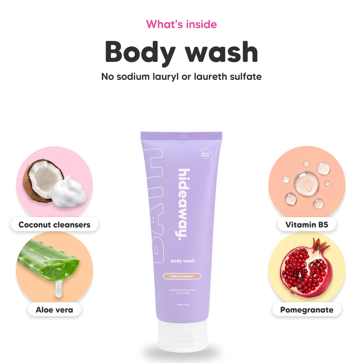 Vanilla Caramel body wash, key ingredients: coconut cleansers, aloe vera, vitamin B5 and pomegranate