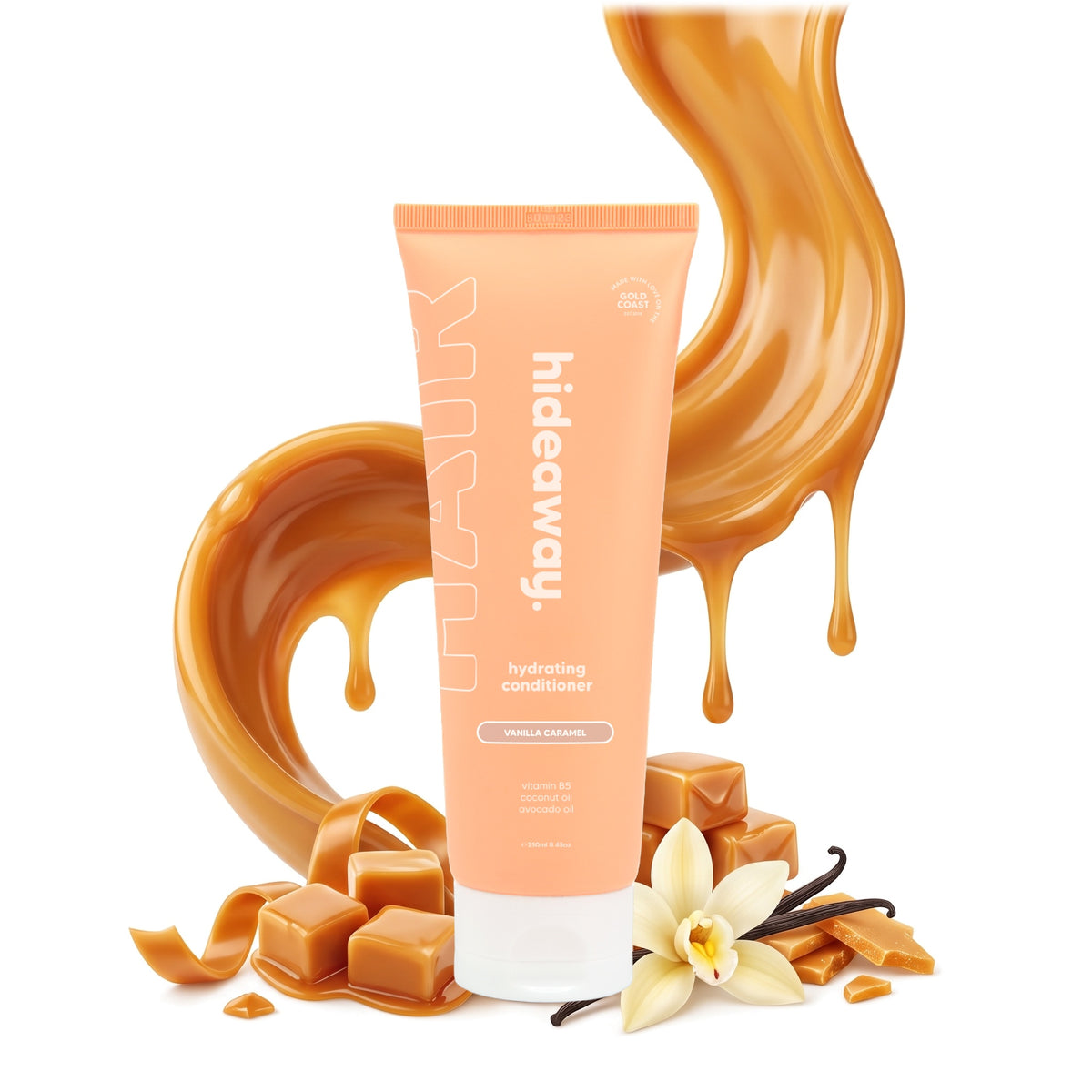 Hideaway. Vanilla Caramel conditioner with golden caramel and vanilla