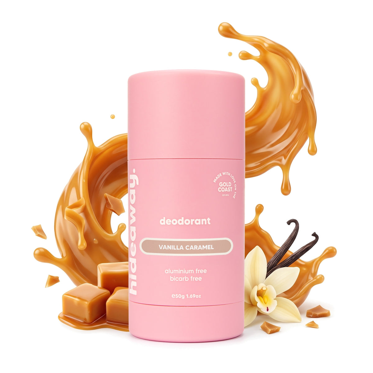 Hideaway. Vanilla Caramel deodorant with golden caramel and vanilla
