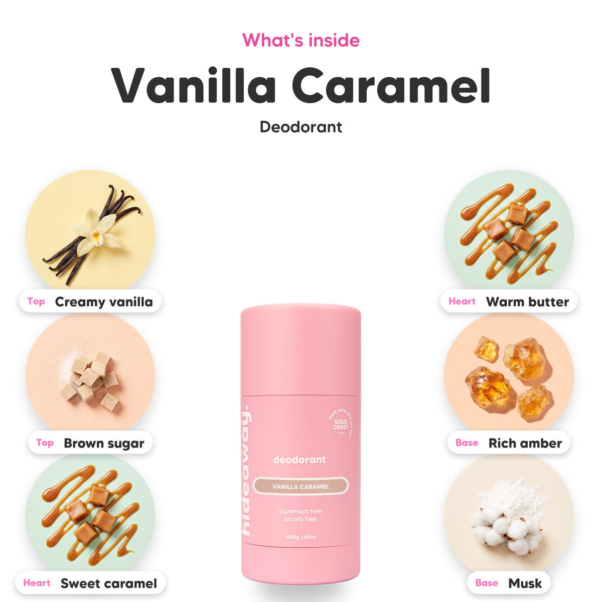 Notes inside Vanilla Caramel deodorant: Creamy vanilla, brown sugar, sweet caramel, warm butter, rich amber, musk