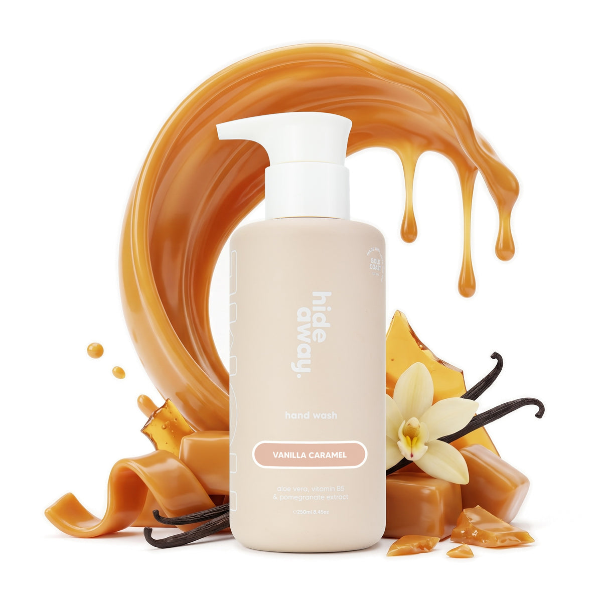 Hideaway. Vanilla Caramel hand wash with golden caramel and vanilla