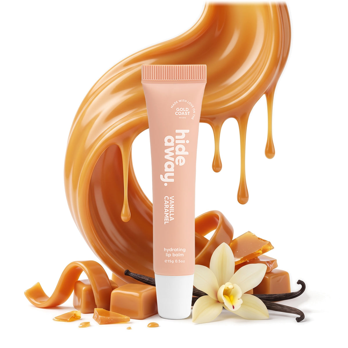 Hideaway. Vanilla Caramel lip balm with golden caramel and vanilla