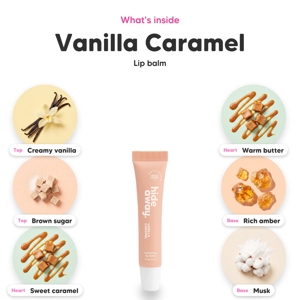 Notes inside Vanilla Caramel lip balm: Creamy vanilla, brown sugar, sweet caramel, warm butter, rich amber, musk