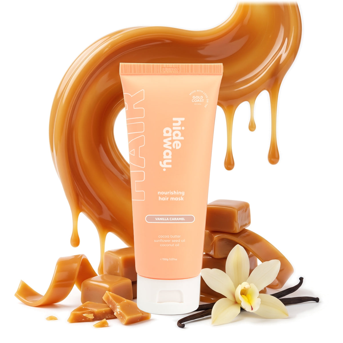Hideaway. Vanilla Caramel hair mask with golden caramel and vanilla