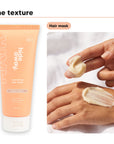Hair mask texture swatched on a hand, beside Hideaway. Vanilla Caramel hair mask