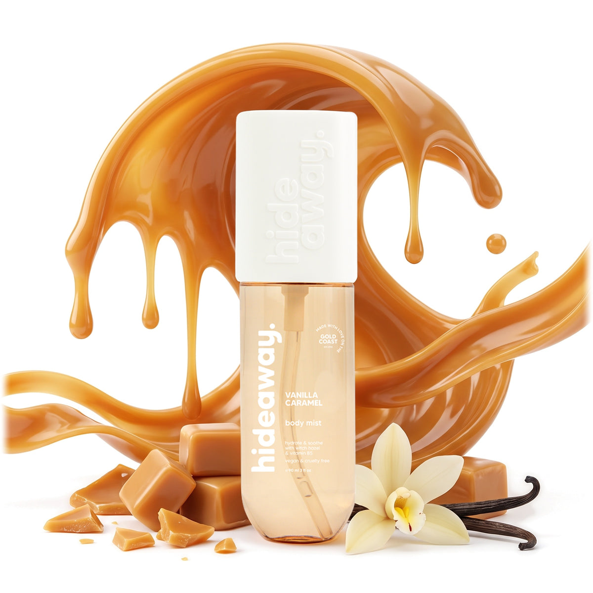 Hideaway. Vanilla Caramel body mist with golden caramel and vanilla
