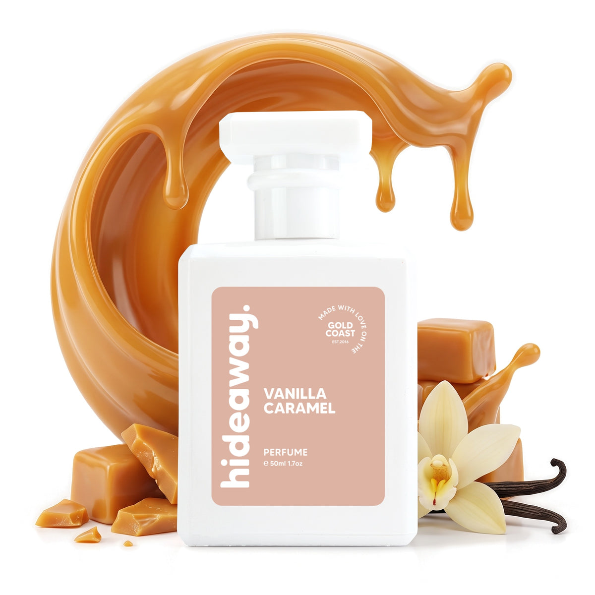 Hideaway. Vanilla Caramel perfume 50ml with golden caramel and vanilla