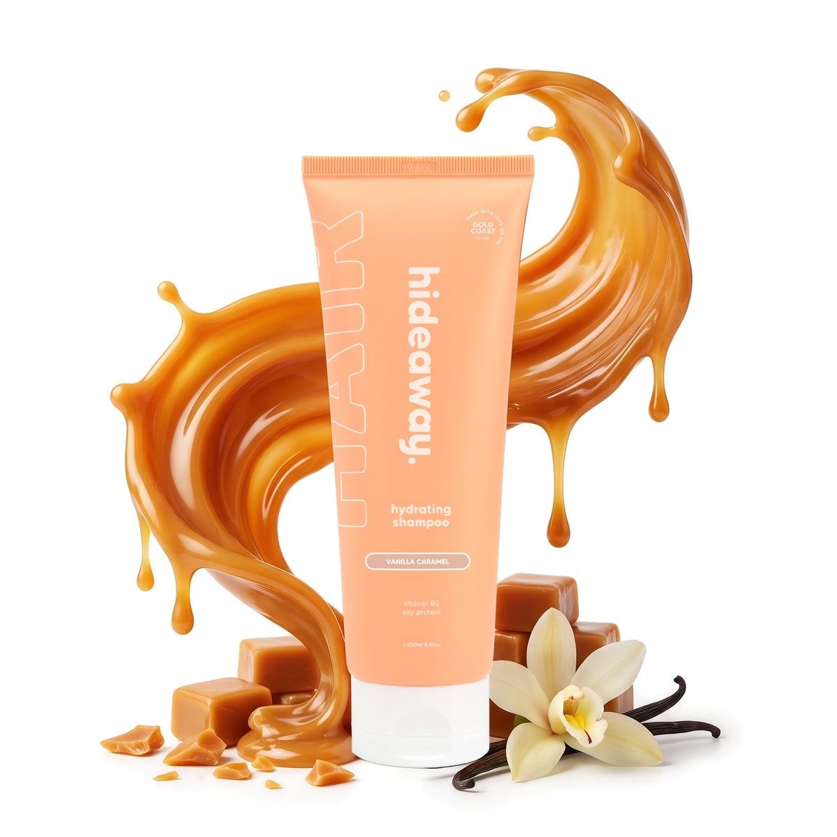 Hideaway. Vanilla Caramel shampoo with golden caramel and vanilla
