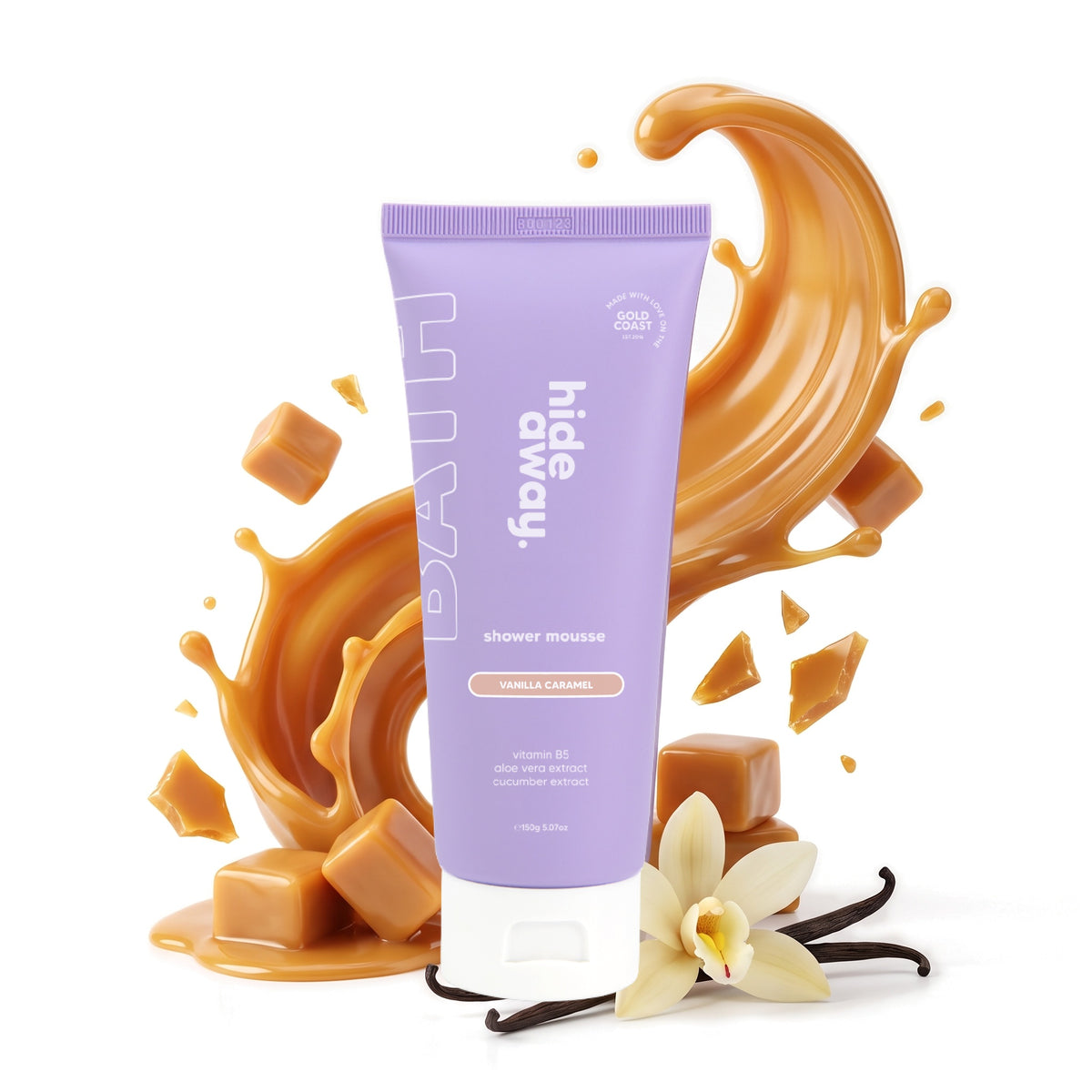 Hideaway. Vanilla Caramel shower mousse with golden caramel and vanilla