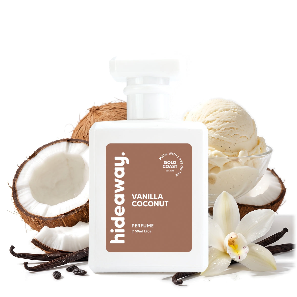 Hideaway. Vanilla Coconut perfume 50ml with coconut and vanilla ice cream