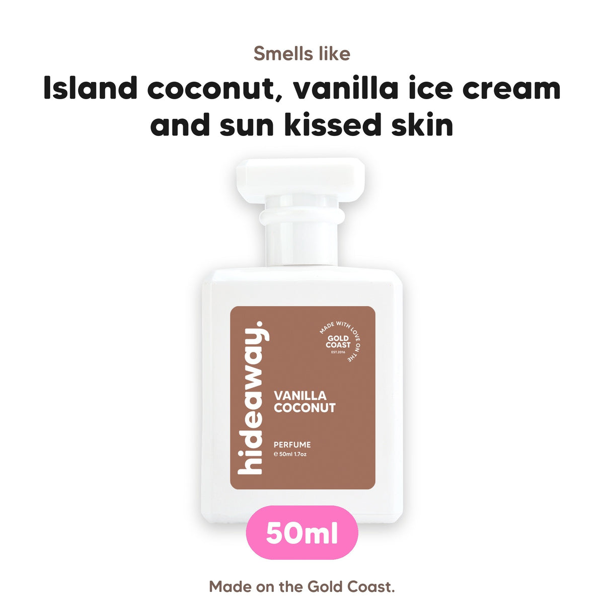 Vanilla Coconut perfume, smells like island coconut, vanilla ice cream and sun kissed skin, 50ml